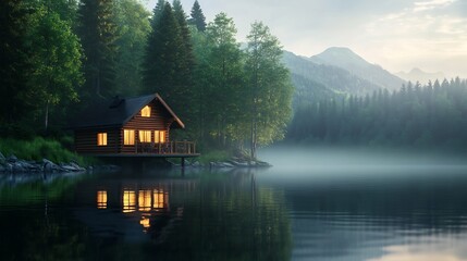Fototapeta premium Serene Lakeside Log Cabin: Tranquil Evening Landscape
