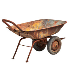 Aged wheelbarrow displaying rust against a stark black backdrop isolated shot