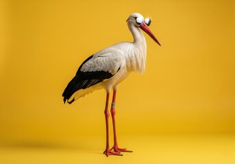 Obraz premium Portrait of a funny stork wearing glasses on a yellow background