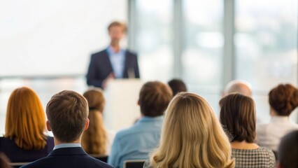 Audience listening attentively to speaker &mdash; professional business conference setting
