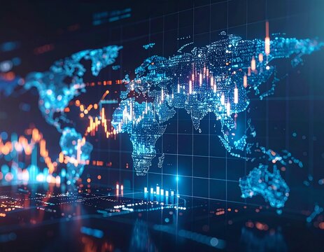 Global Market Analysis: A digital world map overlaid with financial data and charts. - Powered by Adobe