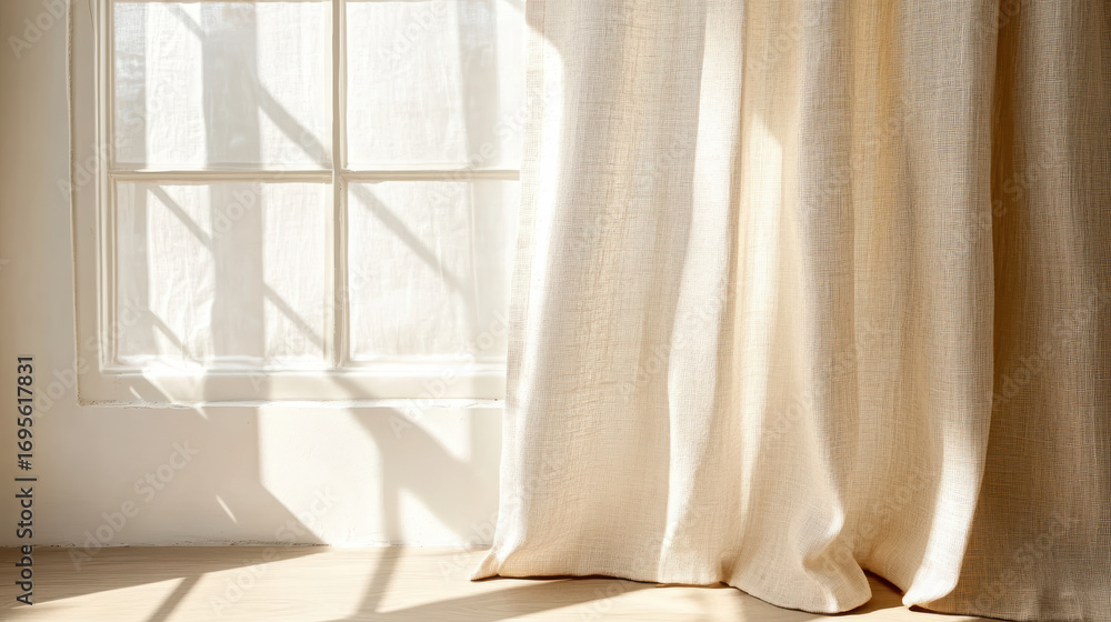 Poster soft sunlight filters through sheer curtains, creating warm and inviting atmosphere