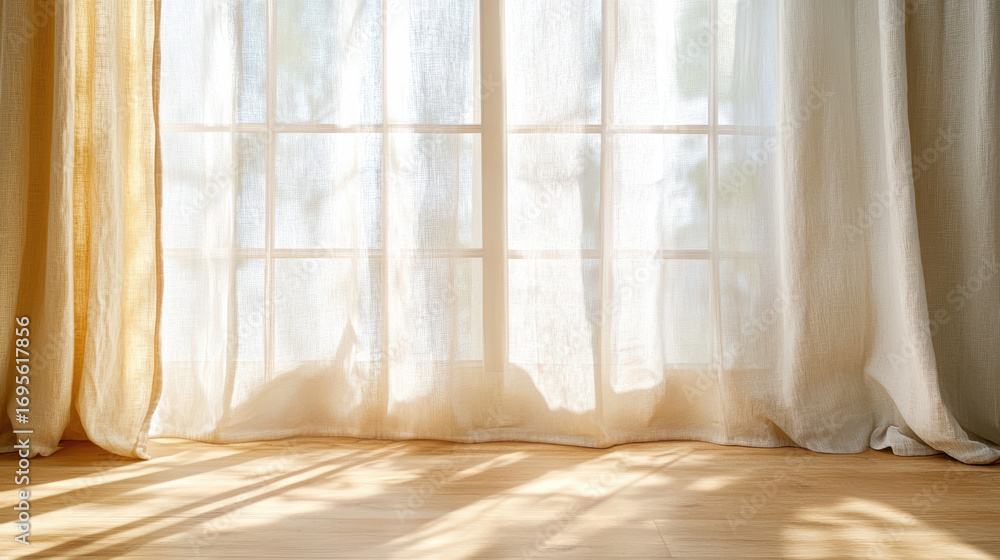 Poster soft sunlight filters through sheer curtains, creating warm and inviting atmosphere