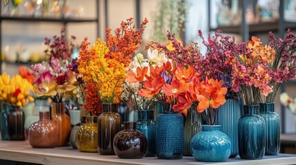 Vibrant faux flowers arranged in stylish glass vases on table, indoors. Perfect to bring color and warmth to interior design projects.