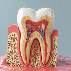 Anatomical cross section of a human tooth showing internal structures and surrounding bone