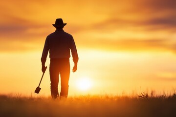 A silhouette of a man with a shovel walking towards a vibrant sunset, capturing themes of agriculture and tranquility in nature.
