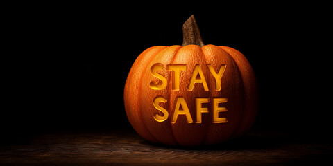 Cute halloween pumpkin with the words "STAY SAFE" carved out of it