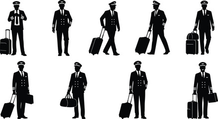 Silhouettes of professional airline pilots walking with luggage, uniformed flight crew, aviation travel, pilot team, airport journey concept © Heyyy