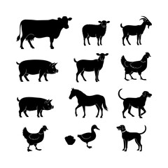 Silhouette collection of farm animals including cow sheep goat pig horse chicken duck and dog icons set 100