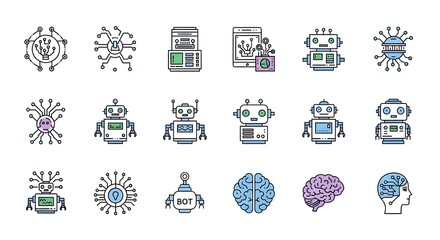 Big Set of Artificial Intelligence, Robot, and Technology Icons Vector Illustration