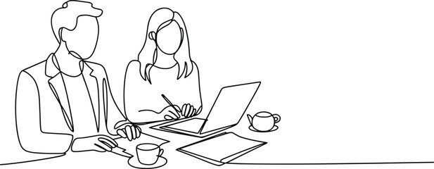 Continuous line art of two people collaborating at desk, laptop work, teamwork, office meeting, coffee cups, business discussion, productivity, creative collaboration