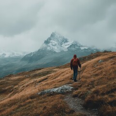 Fototapeta premium A lone hiker with a backpack walks along a mountain trail under cloudy skies, approaching a dramatic snow-capped peak
