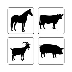 Illustration showing silhouettes of a horse, cow, goat, and pig arranged in a square grid pattern design