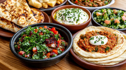 Delicious traditional dishes served wooden table, featuring vibrant colors and fresh ingredients