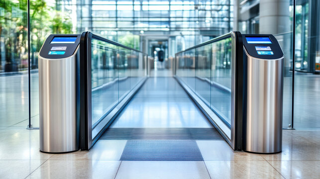Close up of modern ticketless entry gate in bright, spacious lobby area