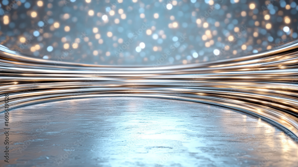 Poster shiny metallic curves create mesmerizing backdrop with sparkling lights, evoking sense