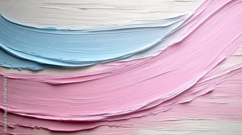 Poster textured paint strokes in soft blue and pink hues create calming visual effect