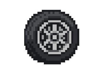 Pixel style wheel tire icon, vector cartoon illustration of car rim and tire with transparent background, automotive part design, pixel art automotive wheel symbol, transport vehicle accessory