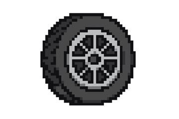 Wheel tire icon vector cartoon illustration in pixel style with transparent background, ordered set of automotive parts, car wheel symbol, pixel art design for technology and transport concepts