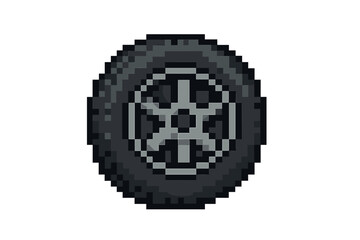Pixel style wheel tire icon, vector cartoon illustration, car tire with rim design, automotive part flat pixel art, transparent background, pixelated vehicle wheel graphic