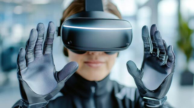 Immersive virtual reality experience with hand tracking gloves and headset - Powered by Adobe