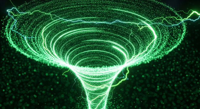 Electrifying green energy funnel with dynamic lightning, a modern vibrant technology concept for power solutions - Powered by Adobe