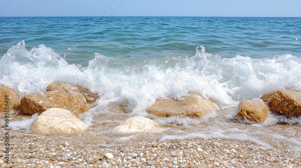 Poster close up of waves crashing softly on rocks, creating serene coastal scene