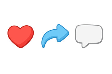 Social media icons set love share comment 3d style cartoon vector illustration transparent background ordered set vibrant digital network symbols for online interaction and communication