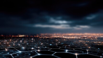 Night city, digital grid.  A blurred cityscape at night, overlaid with a hexagonal grid of glowing points and lines