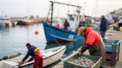 Crew unloading fresh catch from boats — reflecting sustainability and abundance of the sea