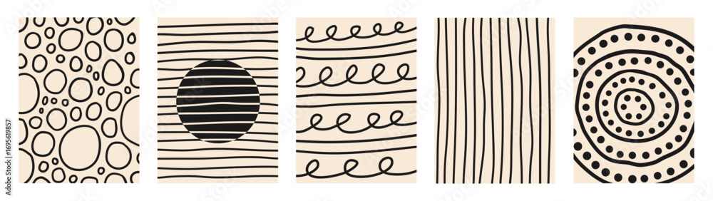 Poster abstract set vertical creative backgrounds with dynamic linear waves. black and beige colors. trendy