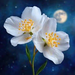 Obraz premium Two exquisite white jasmine flowers, adorned with dew drops, bloom against a backdrop of a dark blue night sky sprinkled with stars and a full moon.
