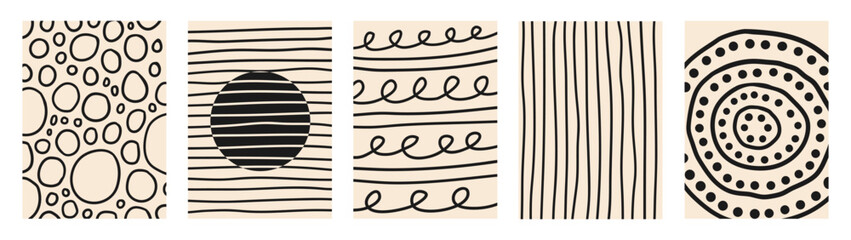 Abstract set vertical creative backgrounds with dynamic linear waves. Black and beige colors. Trendy vector illustration in style retro 70s, 80s