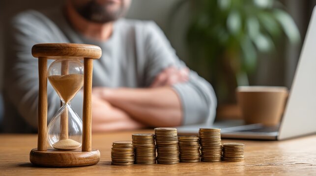An hourglass and stacked coins on a desk with a blurred person in the background, symbolizing time and financial growth