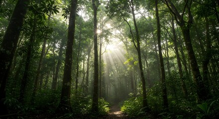 Obraz premium Dense rainforest with sunlight rays