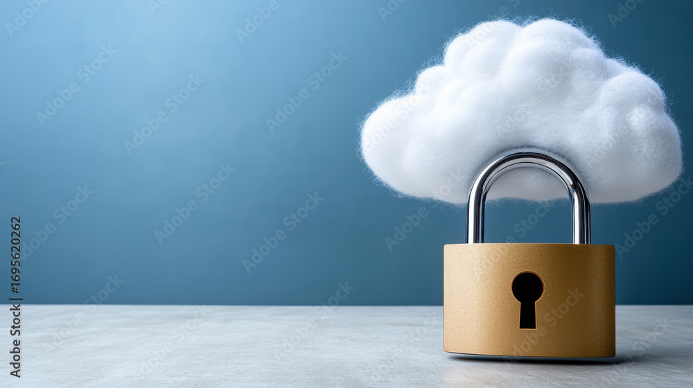 Poster cloud storage security with padlock and cloud concept, symbolizing data protection and privacy