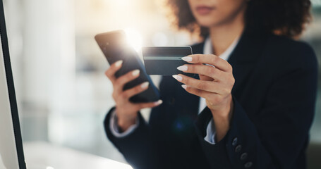 Hands, credit card and business woman with phone for ecommerce, corporate purchase or online...