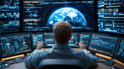Control room with holographic Earth model, advanced technology, data analysis, monitoring systems