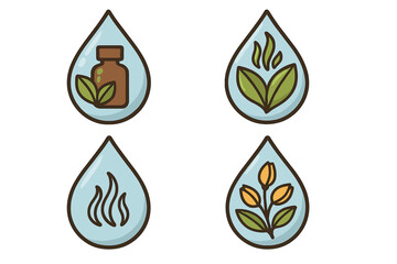 Set of green nature logos with water drops, herbal natural medicine bottle, aromatic leaves, natural steam icon, and blooming plant illustrations, eco-friendly designs for wellness and health branding