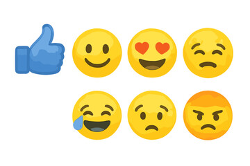 Fototapeta premium Watercolor Facebook emojis set, vector cartoon expressions with transparent background, ordered collection of social media reactions, fun and colorful smiley icons