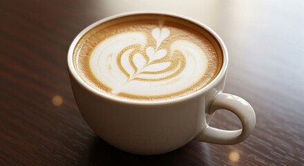 Fototapeta premium Heart-Shaped Latte Art in Cozy Coffee Cup on Wooden Table