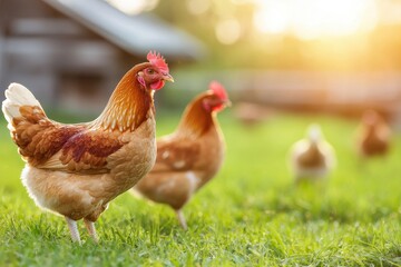 Fototapeta premium Two hens roam freely in a sunlit grassy field, showcasing their vibrant feathers against a serene farm backdrop.