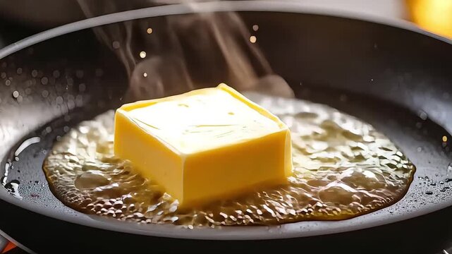 A close-up shot of butter melting in a hot frying pan, steaming.