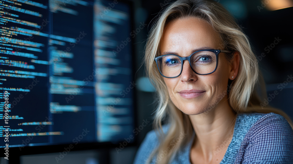 Poster professional woman with glasses working on computer in office, focused on coding and technology