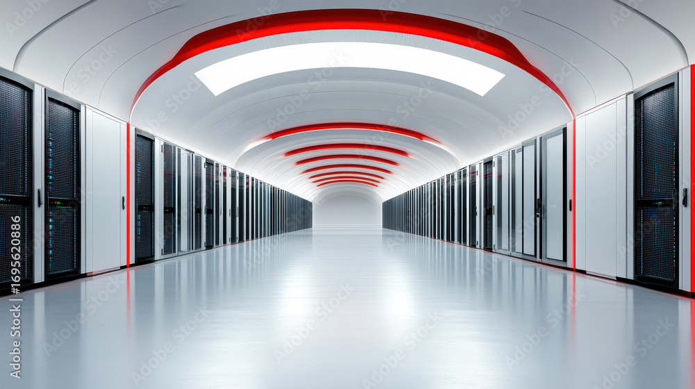 Poster Data center with modern design, featuring rows of servers and sleek architecture
