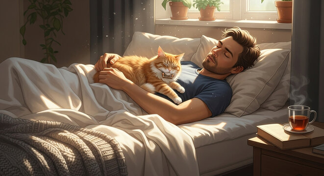 Relaxing morning with a cute ginger cat sleeping on man in bed with tea and books nearby