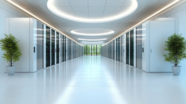 Modern data center featuring biometric access doors, sleek server racks, and bright lighting