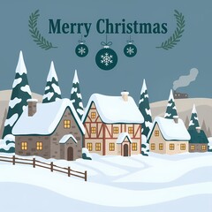 Illustrated Winter Village Scene with Christmas Ornaments and Merry Christmas Text
