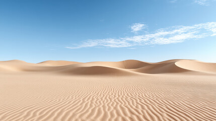 Endless sand dunes stretch under clear blue sky, creating serene desert landscape