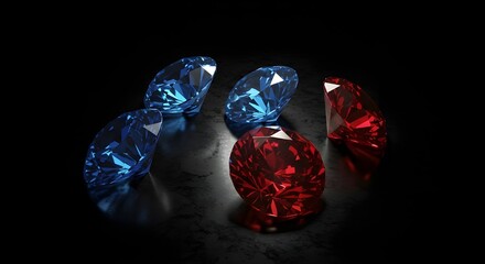 Luxury Blue and Red Brilliant Diamonds on Black Glossy Surface –Overhead View
